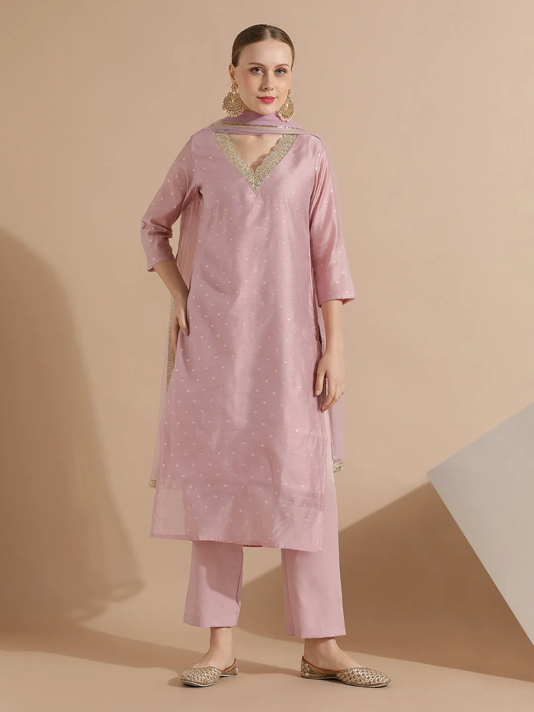 Pink Chanderi Woven Festive Kurta Set With Dupatta