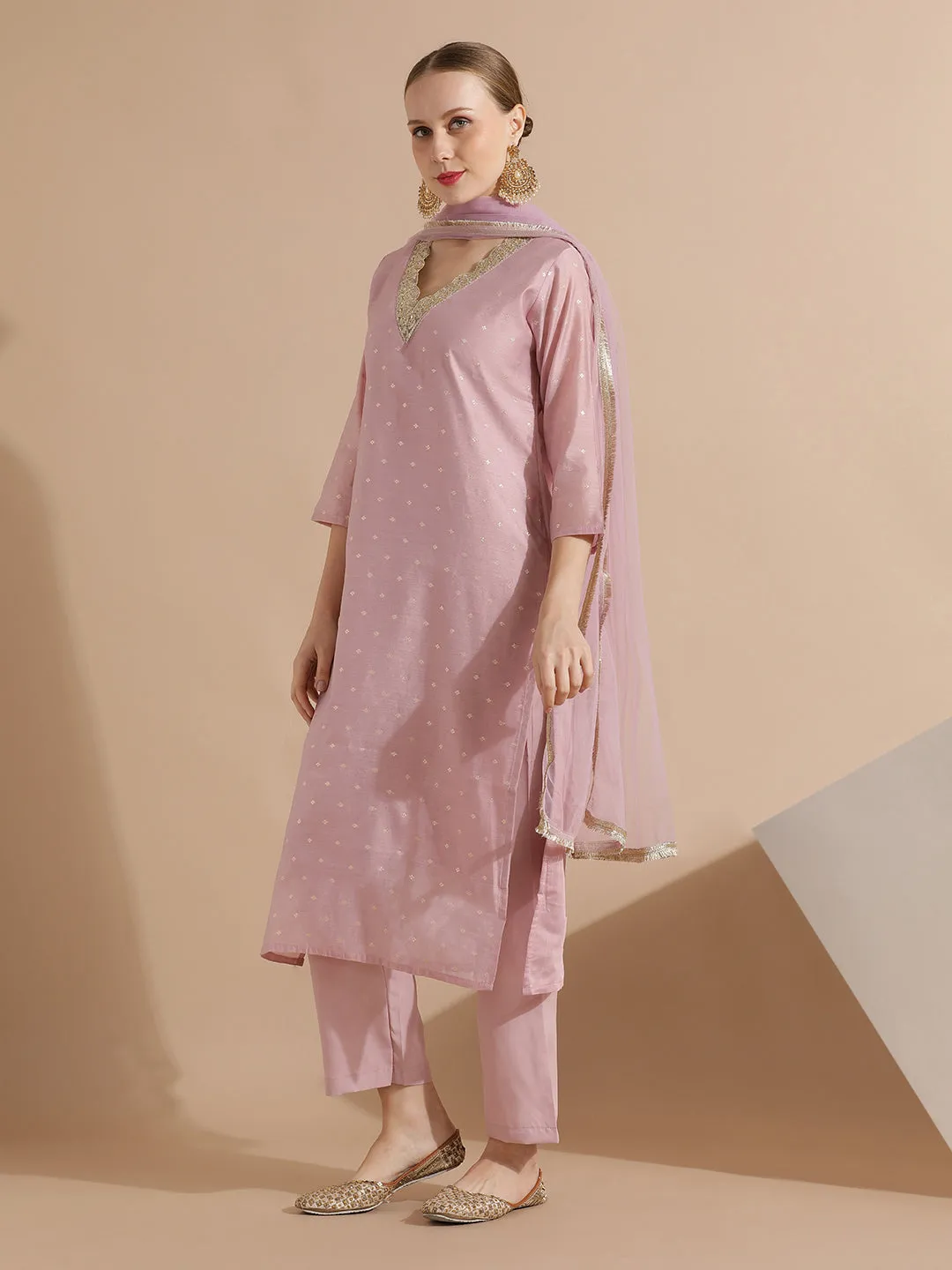 Pink Chanderi Woven Festive Kurta Set With Dupatta