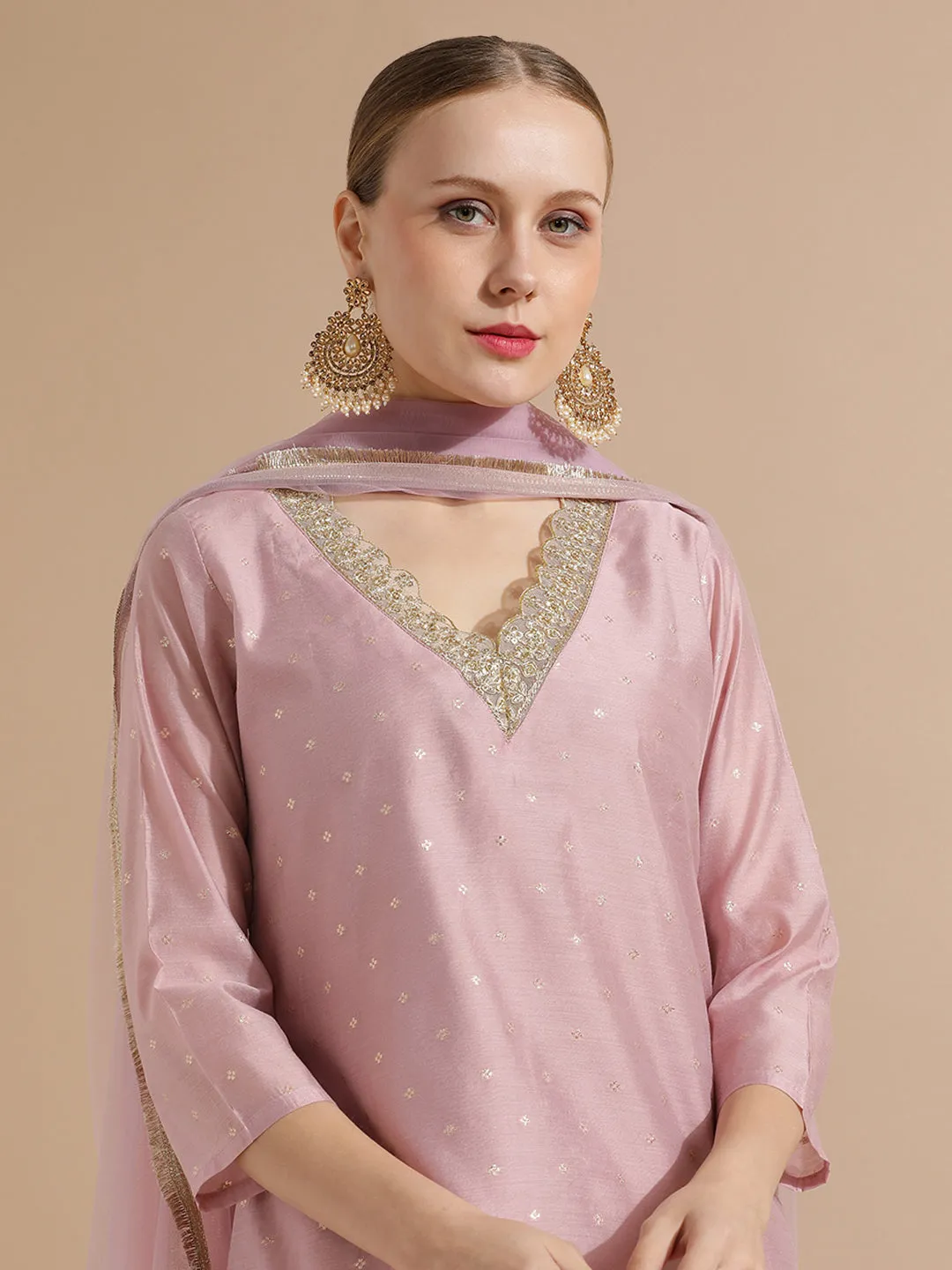 Pink Chanderi Woven Festive Kurta Set With Dupatta