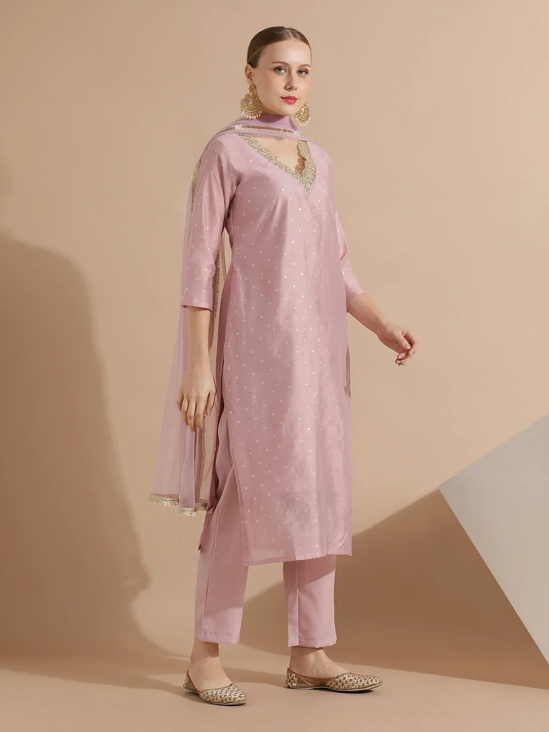 Pink Chanderi Woven Festive Kurta Set With Dupatta