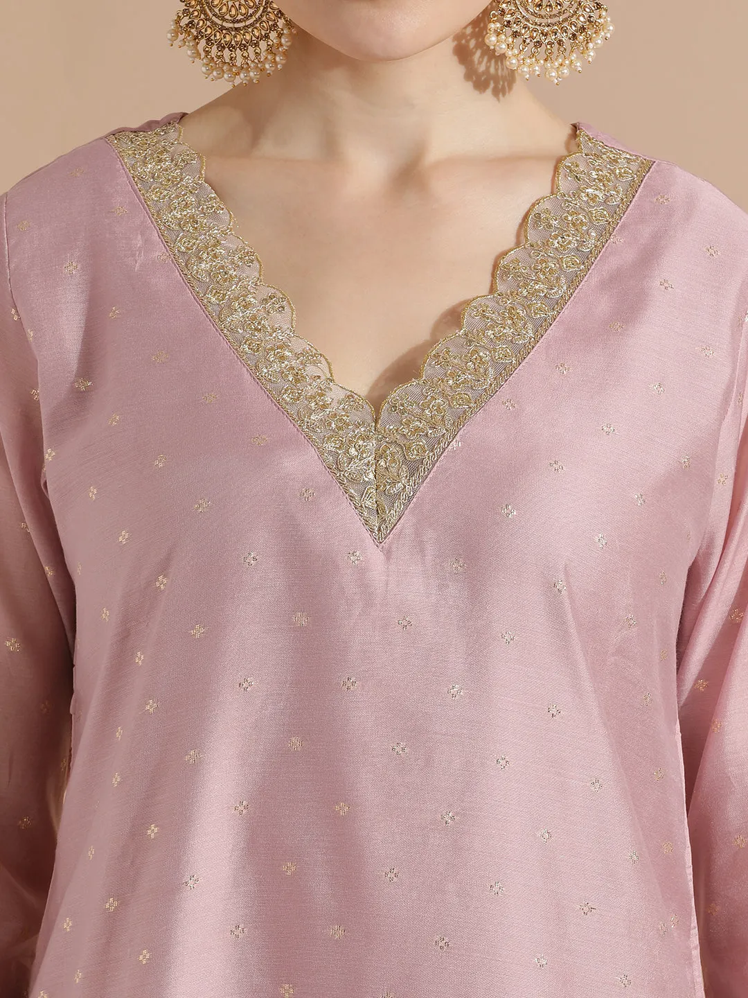 Pink Chanderi Woven Festive Kurta Set With Dupatta
