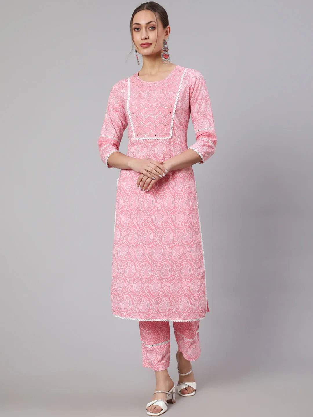 Pink Ethnic Paisley Printed Cotton Kurta With Pants