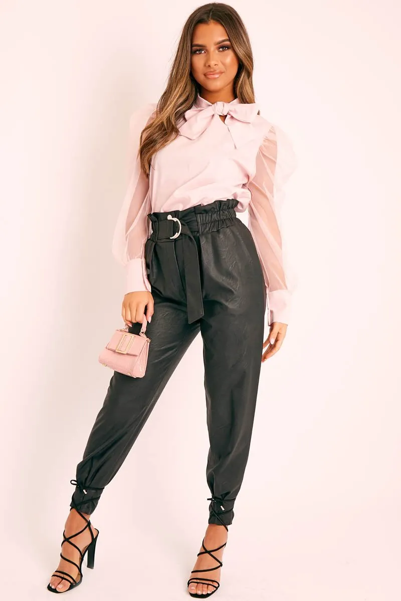 Pink Mesh Sleeve Bow Neck Blouse - Adelin