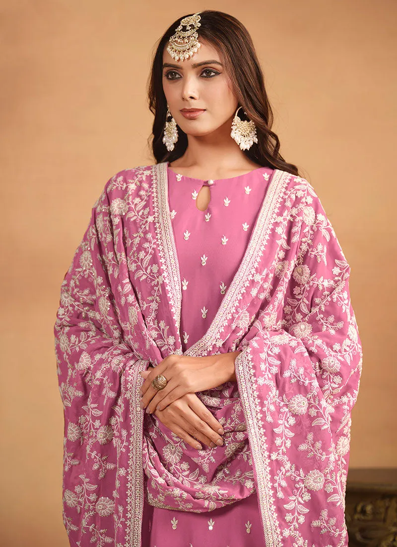 Pink Thread And Sequence Embroidery Pant Style Salwar Suit