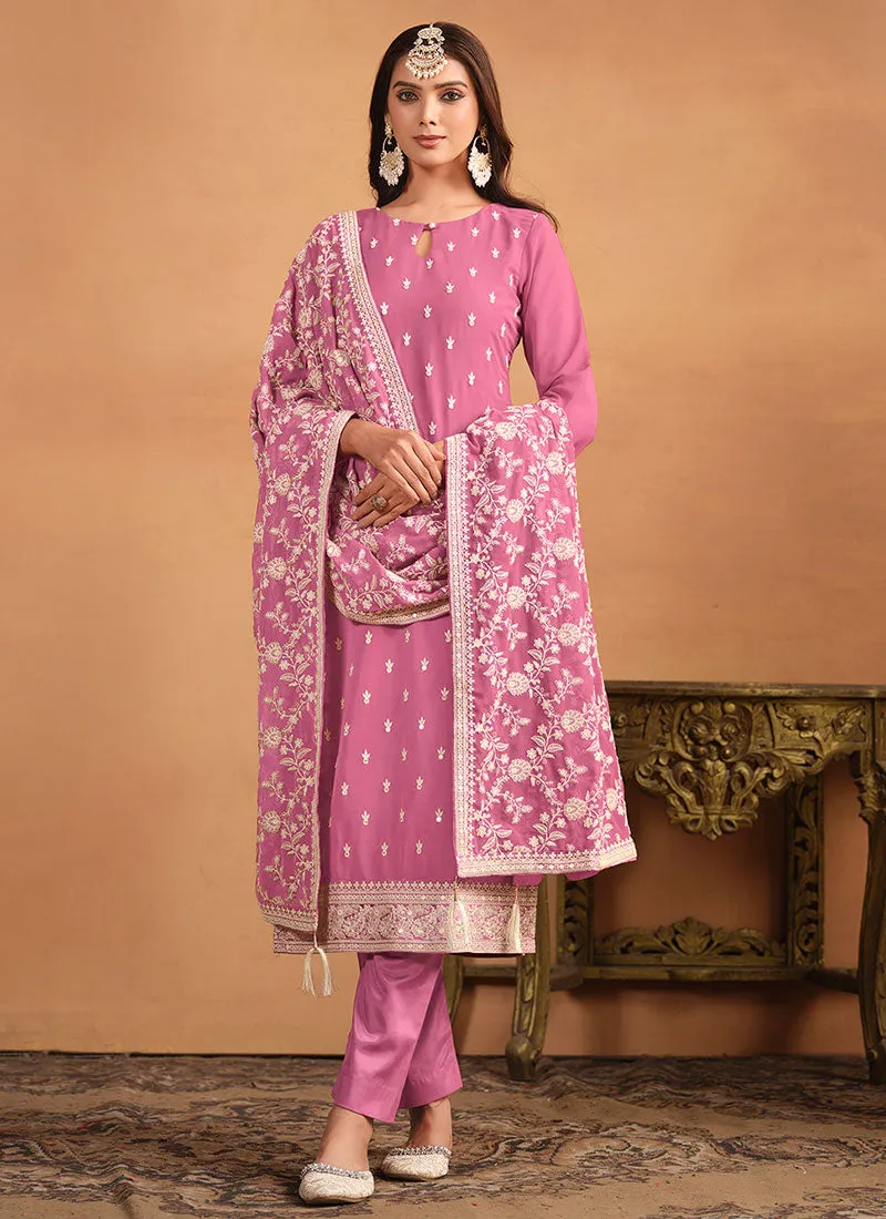 Pink Thread And Sequence Embroidery Pant Style Salwar Suit