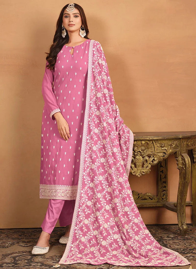 Pink Thread And Sequence Embroidery Pant Style Salwar Suit
