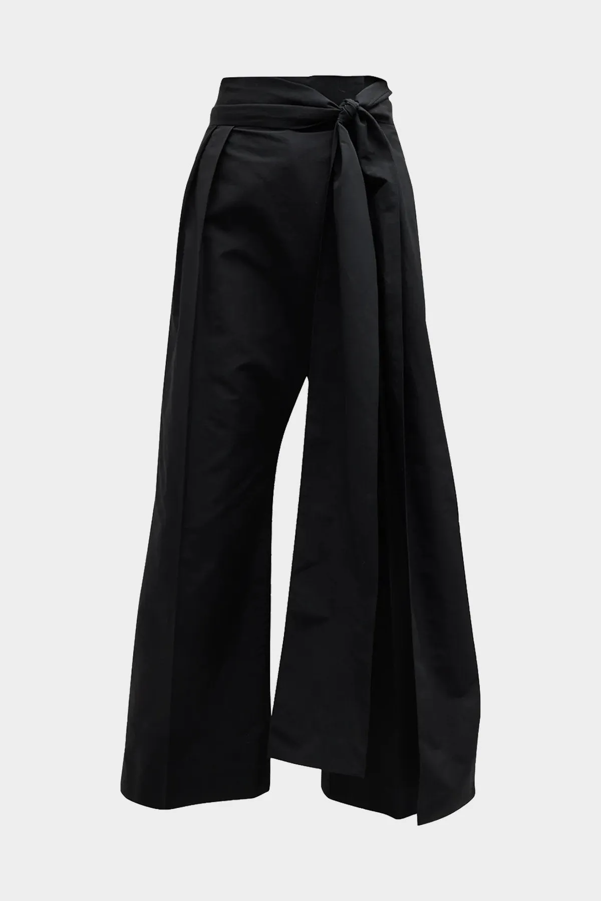 Pleated Straight Trousers with Tie Waist Details in Black