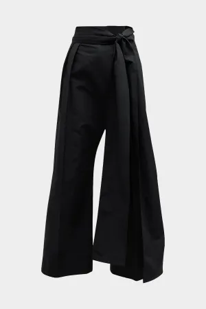 Pleated Straight Trousers with Tie Waist Details in Black