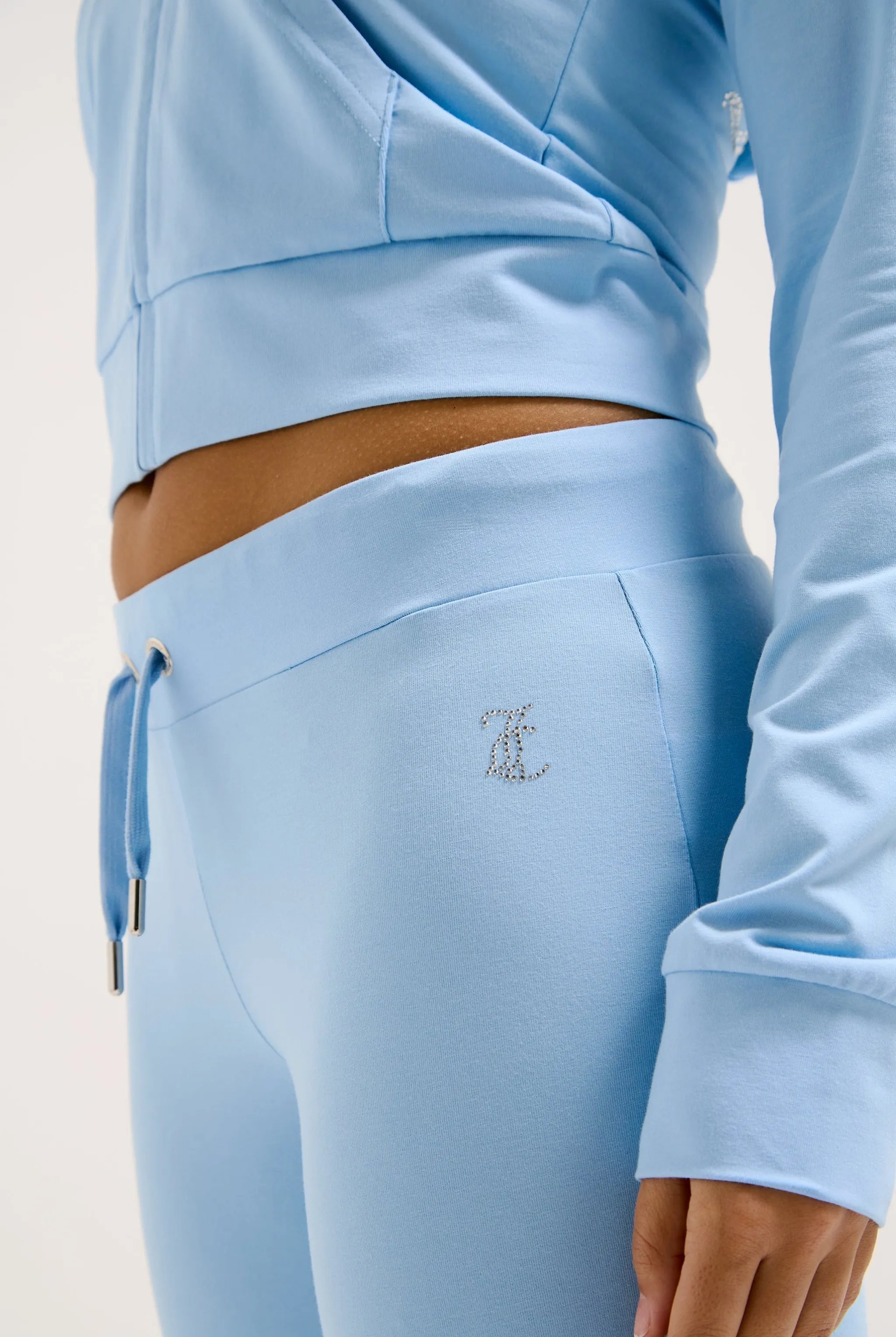 POWDER BLUE LOW RISE LUXURY JERSEY DIAMANTÉ TRACK PANT