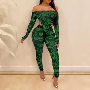Print Sheer Mesh Long Sleeve Bodysuit & Pants Set