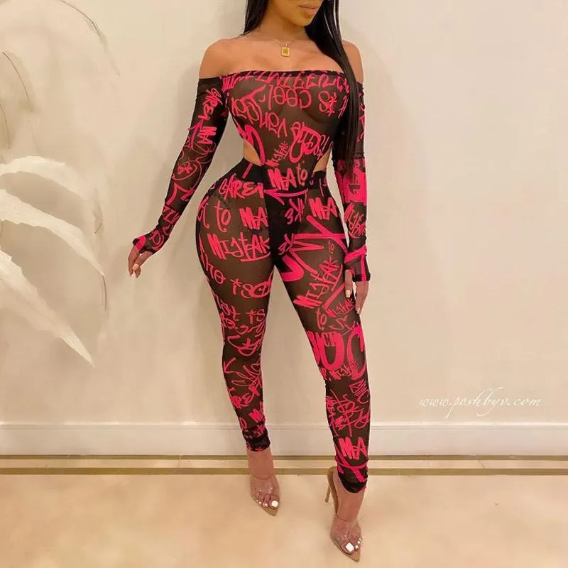 Print Sheer Mesh Long Sleeve Bodysuit & Pants Set