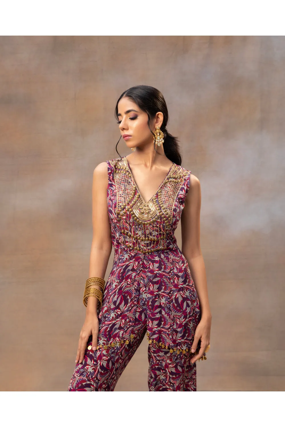 Purple Printed Embroidered Top With Pants Set