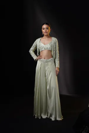 "Athena" Sage Green Jacket Embellished Pant Set