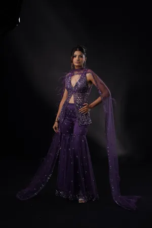 "Jia" Purple Sharara Set With Cape