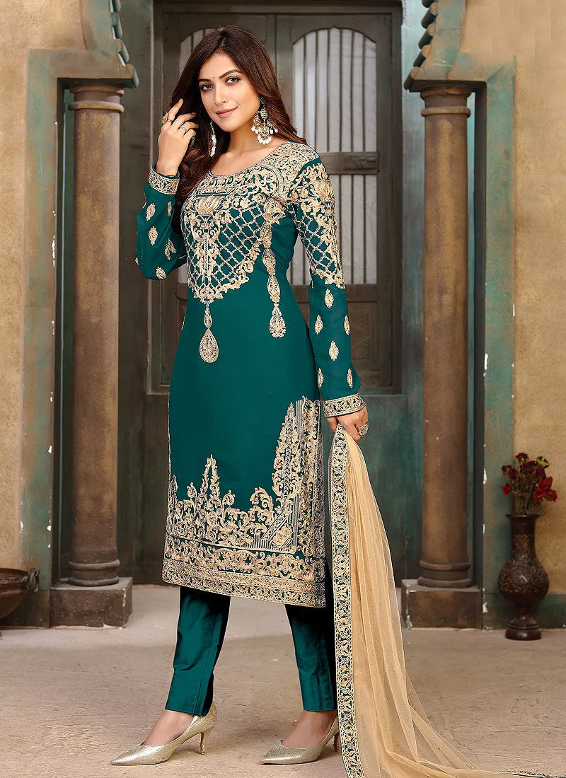 Rama Green Zari Embroidered Pant Style Suit