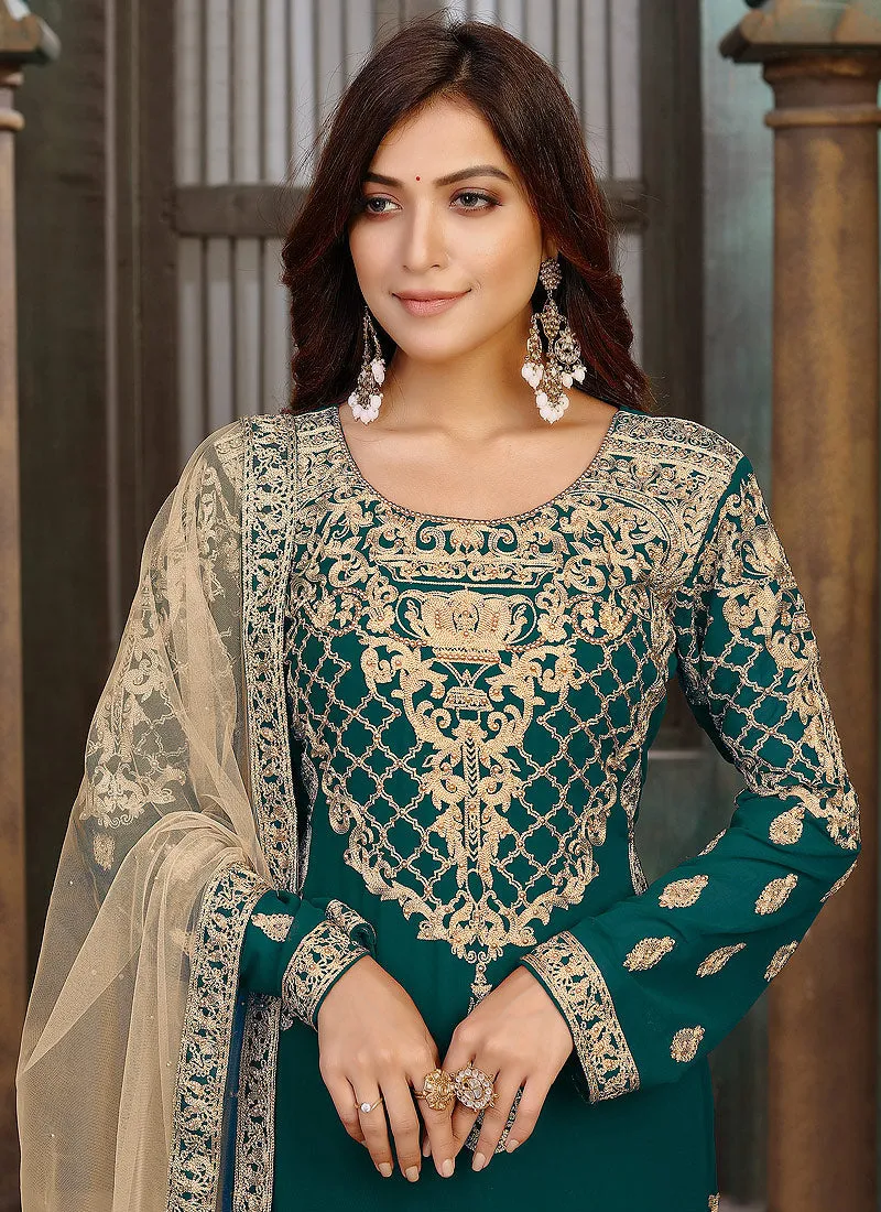 Rama Green Zari Embroidered Pant Style Suit