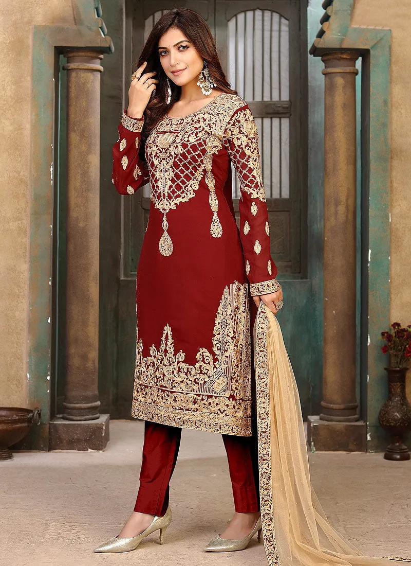 Red Zari Embroidered Pant Style Suit