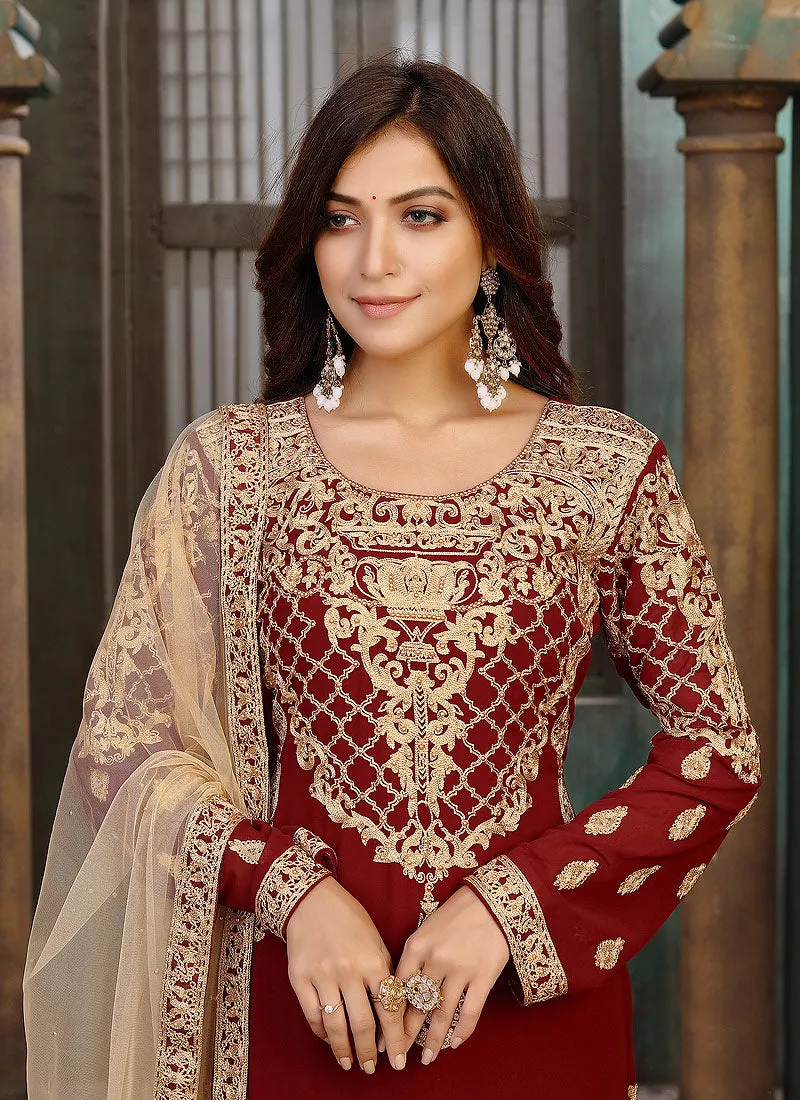 Red Zari Embroidered Pant Style Suit