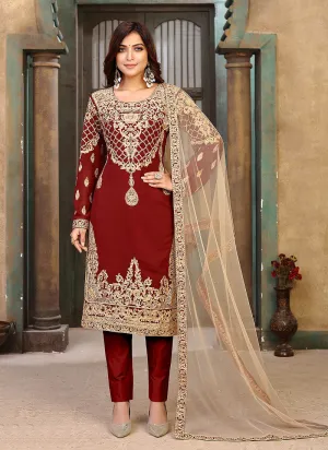Red Zari Embroidered Pant Style Suit