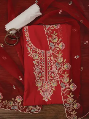 Red Zari Pure Cotton Dress Material with Dupatta