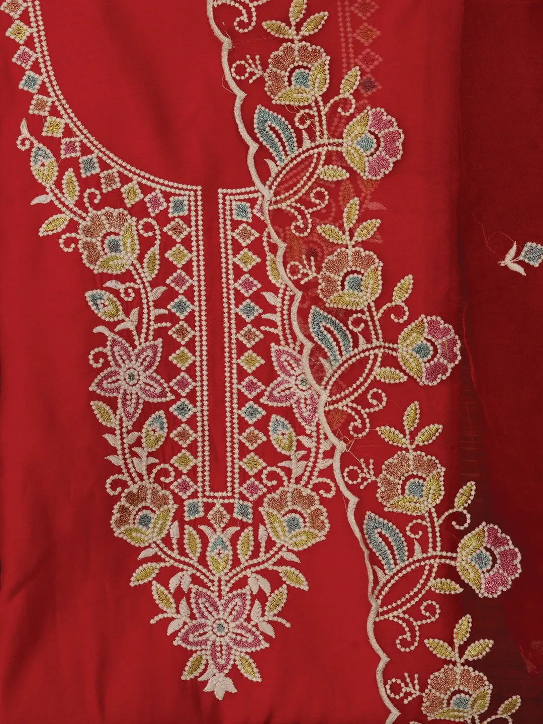 Red Zari Pure Cotton Dress Material with Dupatta