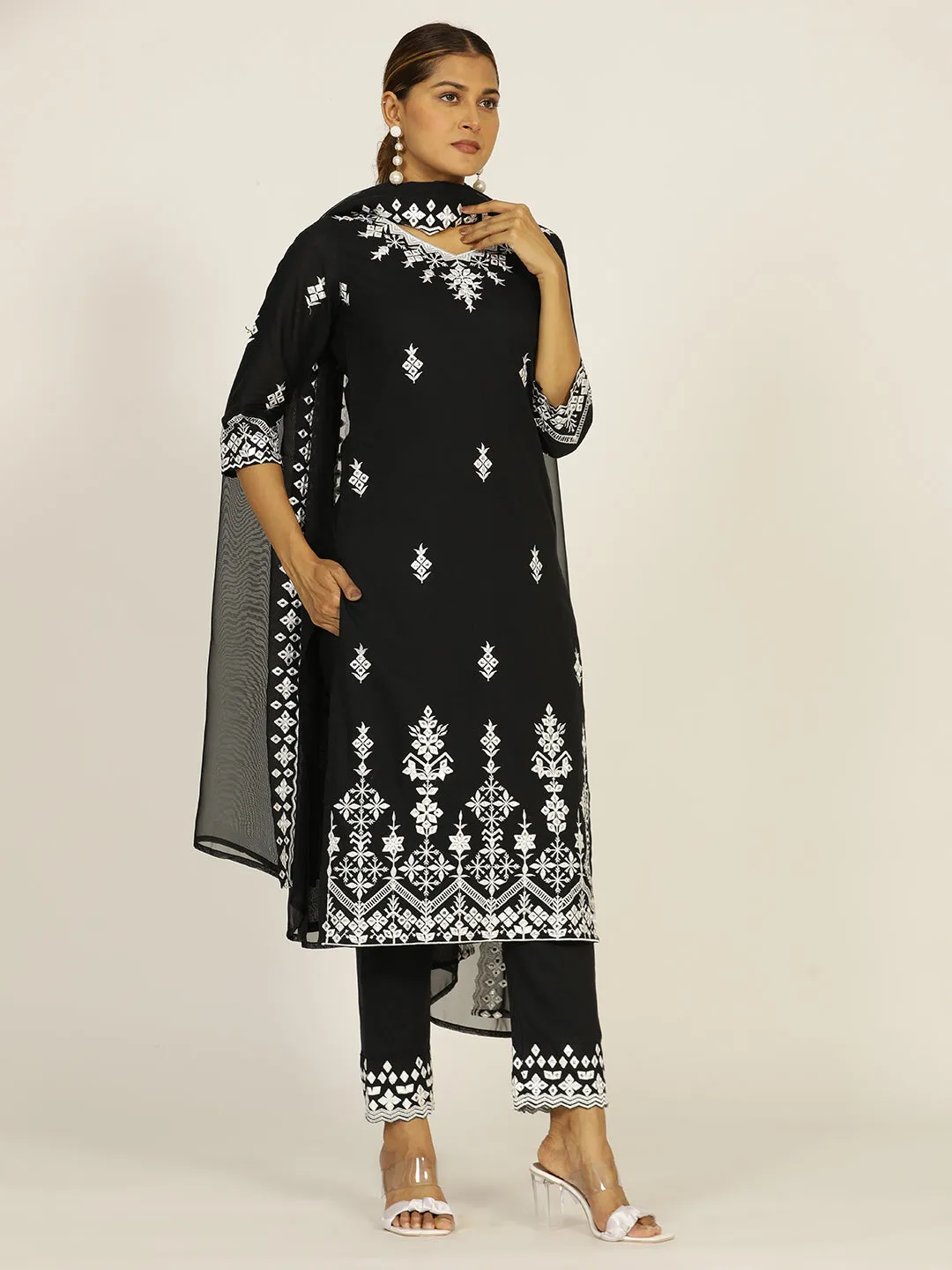 Resham Embroidered Black Cotton Suit Set