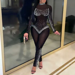 Rhinestone Long Sleeve Sheer Mesh Skinny Jumpsuit