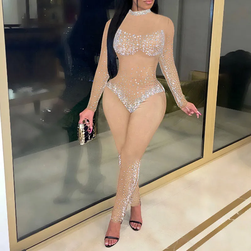 Rhinestone Long Sleeve Sheer Mesh Skinny Jumpsuit