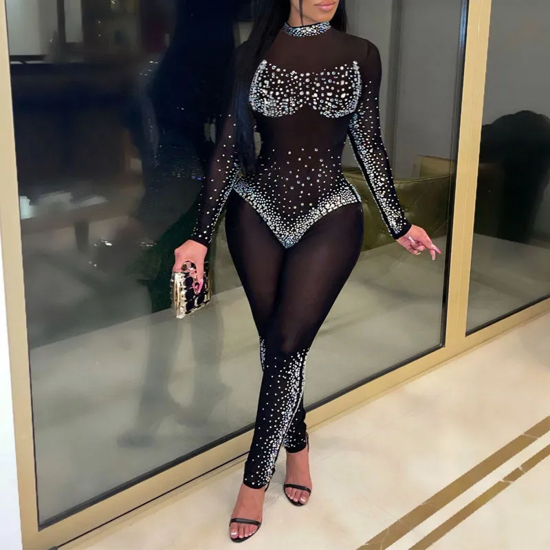 Rhinestone Long Sleeve Sheer Mesh Skinny Jumpsuit