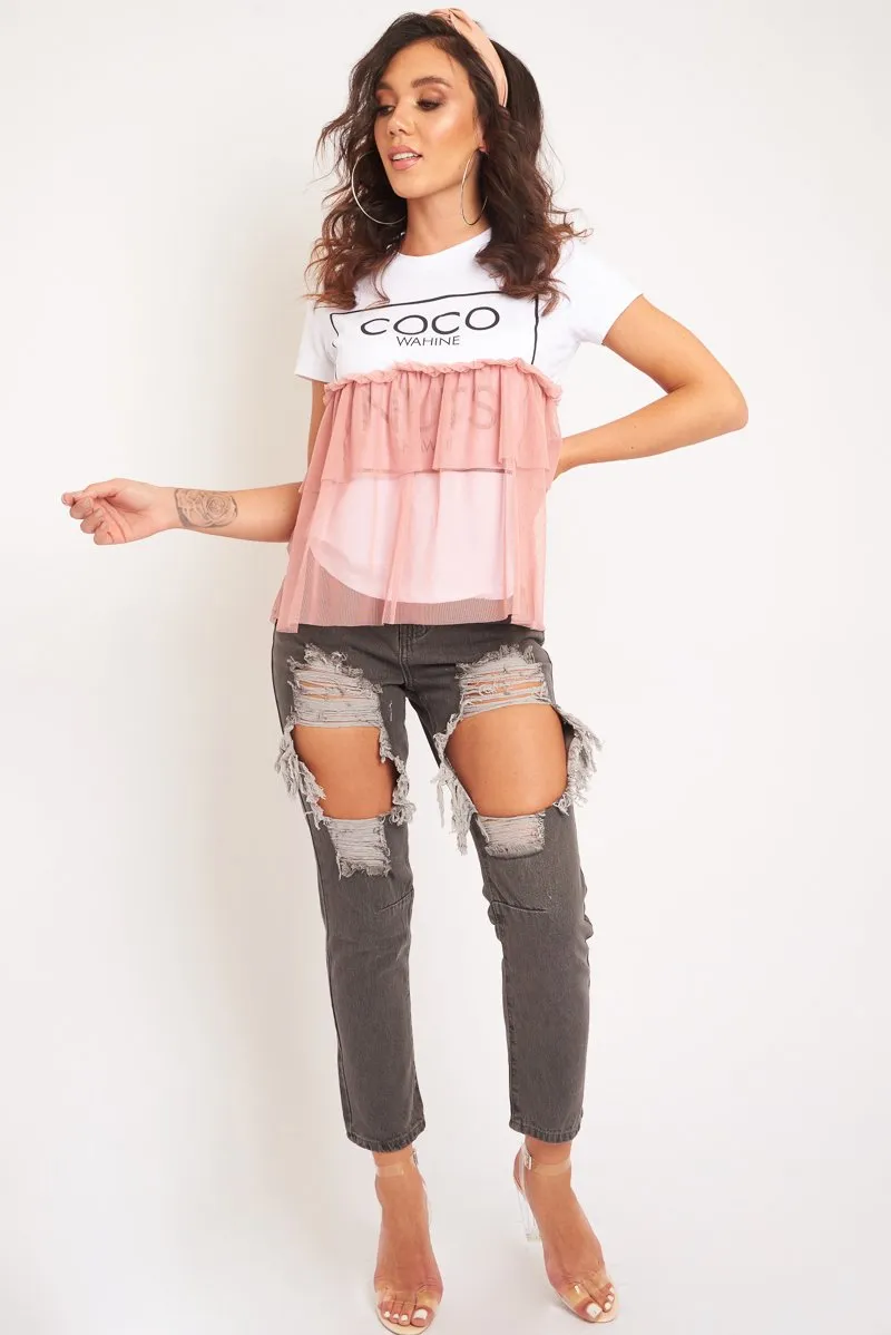 Rose Coco slogan mesh layer T-shirt - Sarah