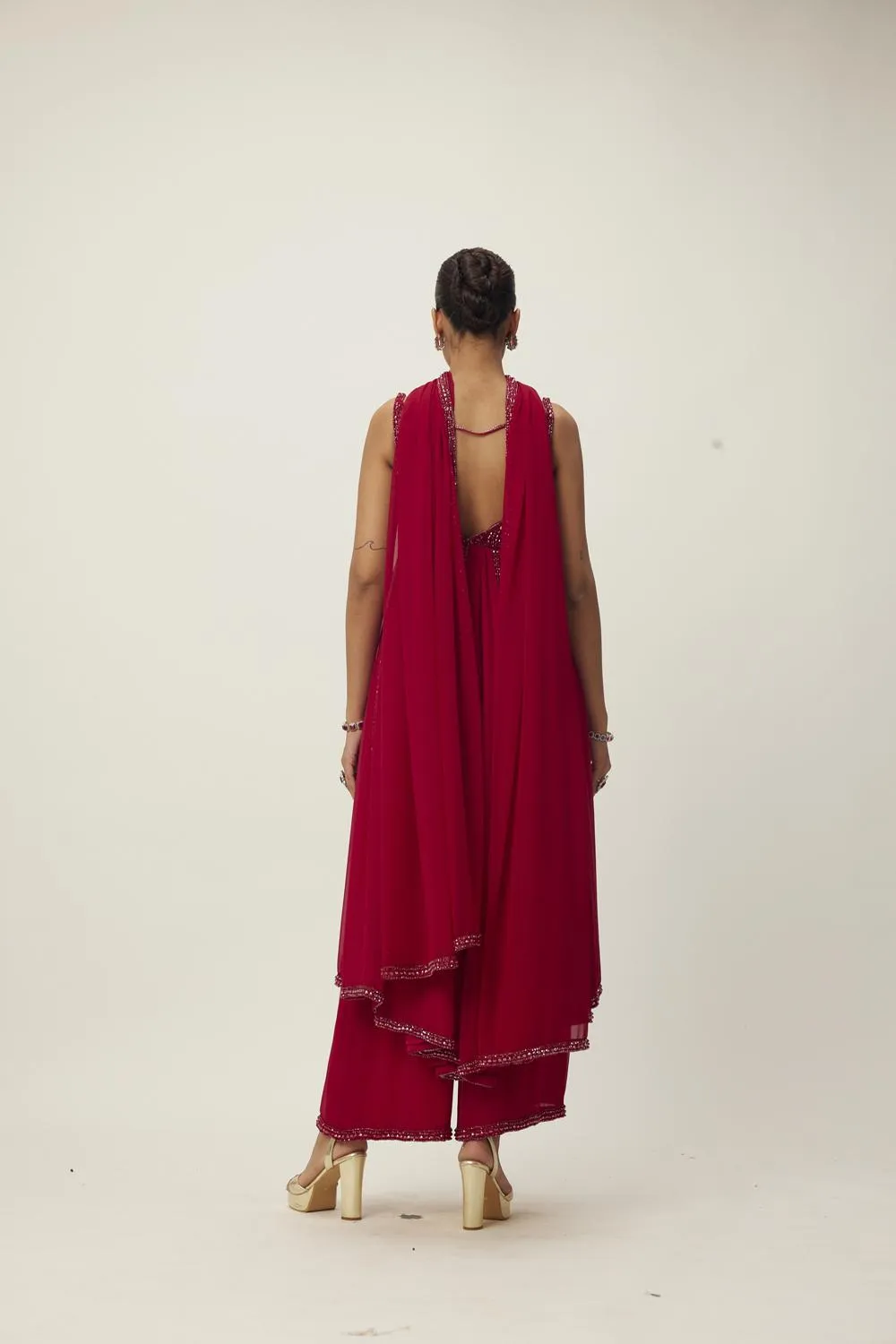 Ruby Red Crystal Embellished Kurta Set