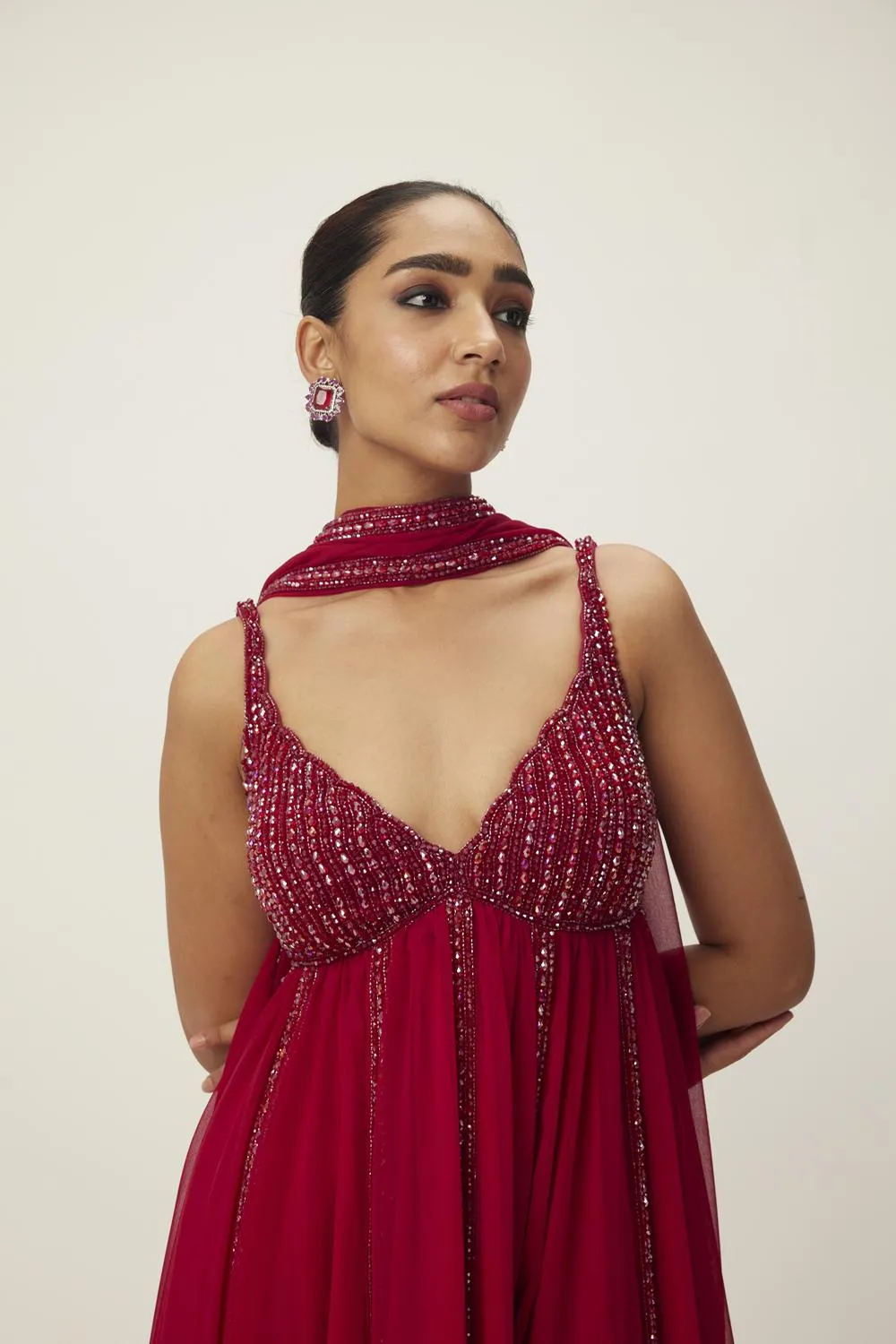 Ruby Red Crystal Embellished Kurta Set