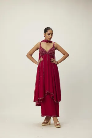 Ruby Red Crystal Embellished Kurta Set