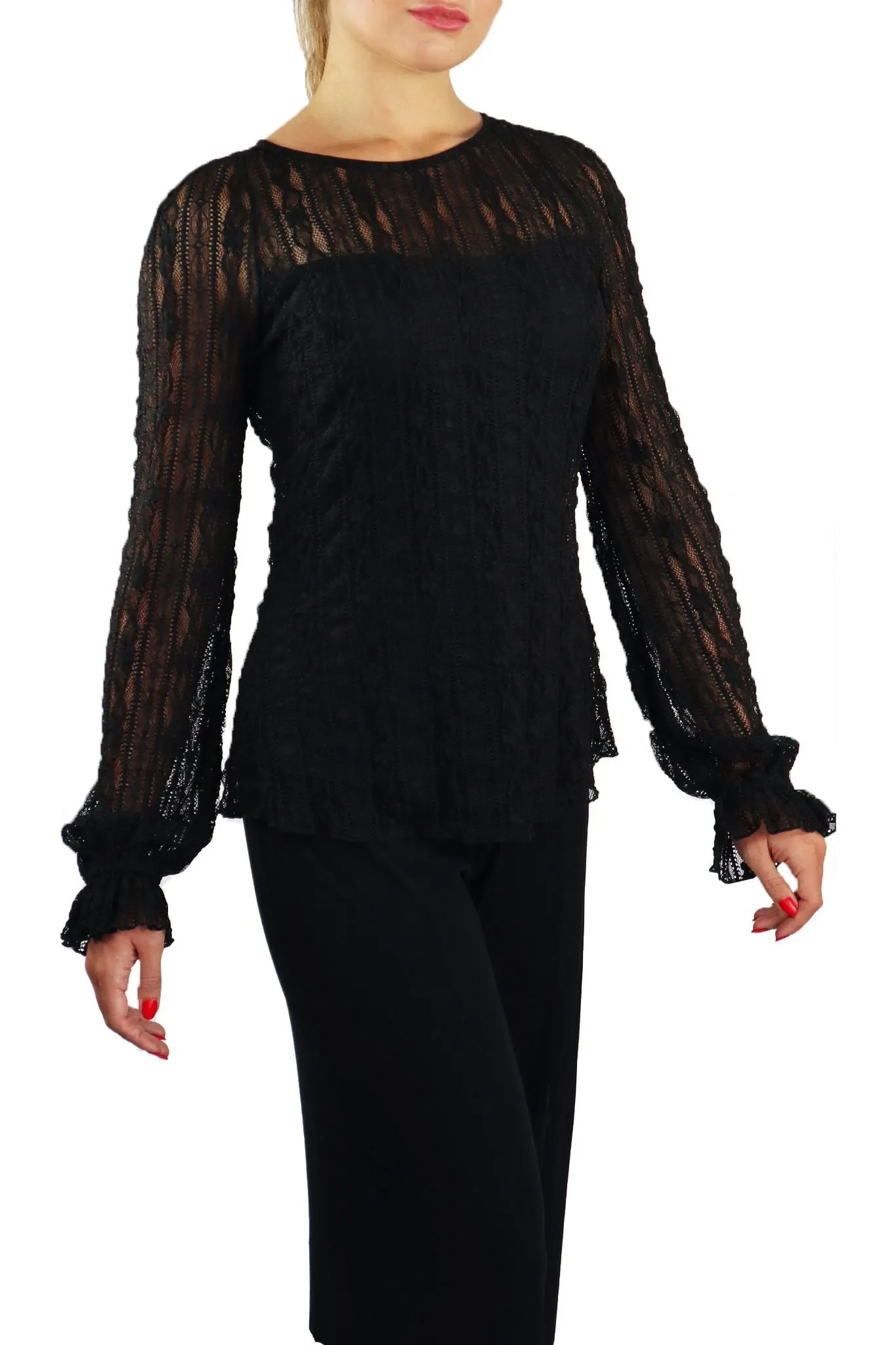 SARAH Long Ruffled Sleeves Crew Neckline Textured Lace Top Black