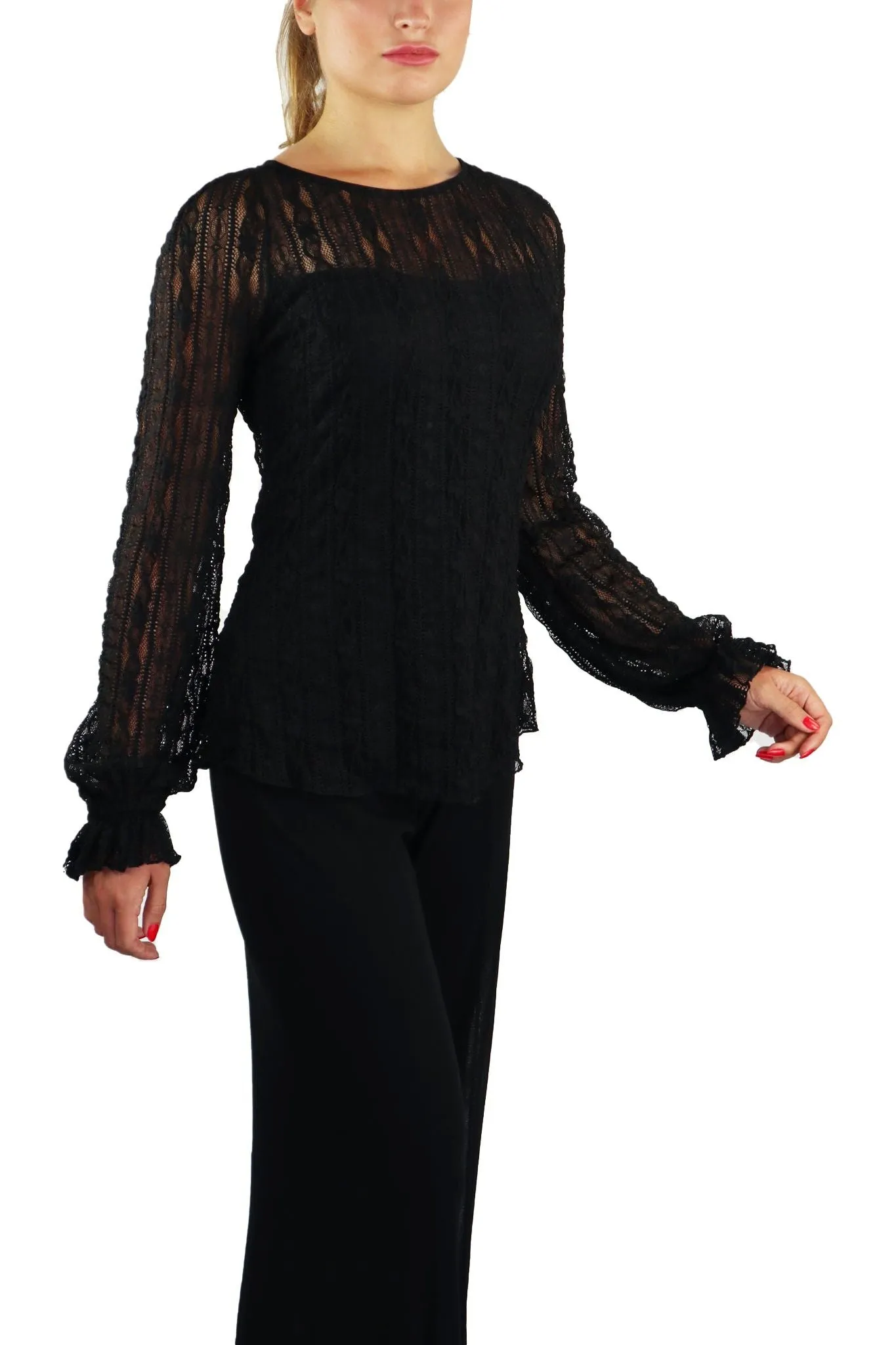 SARAH Long Ruffled Sleeves Crew Neckline Textured Lace Top Black