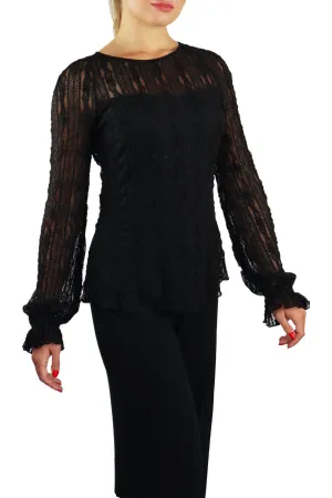 SARAH Long Ruffled Sleeves Crew Neckline Textured Lace Top Black