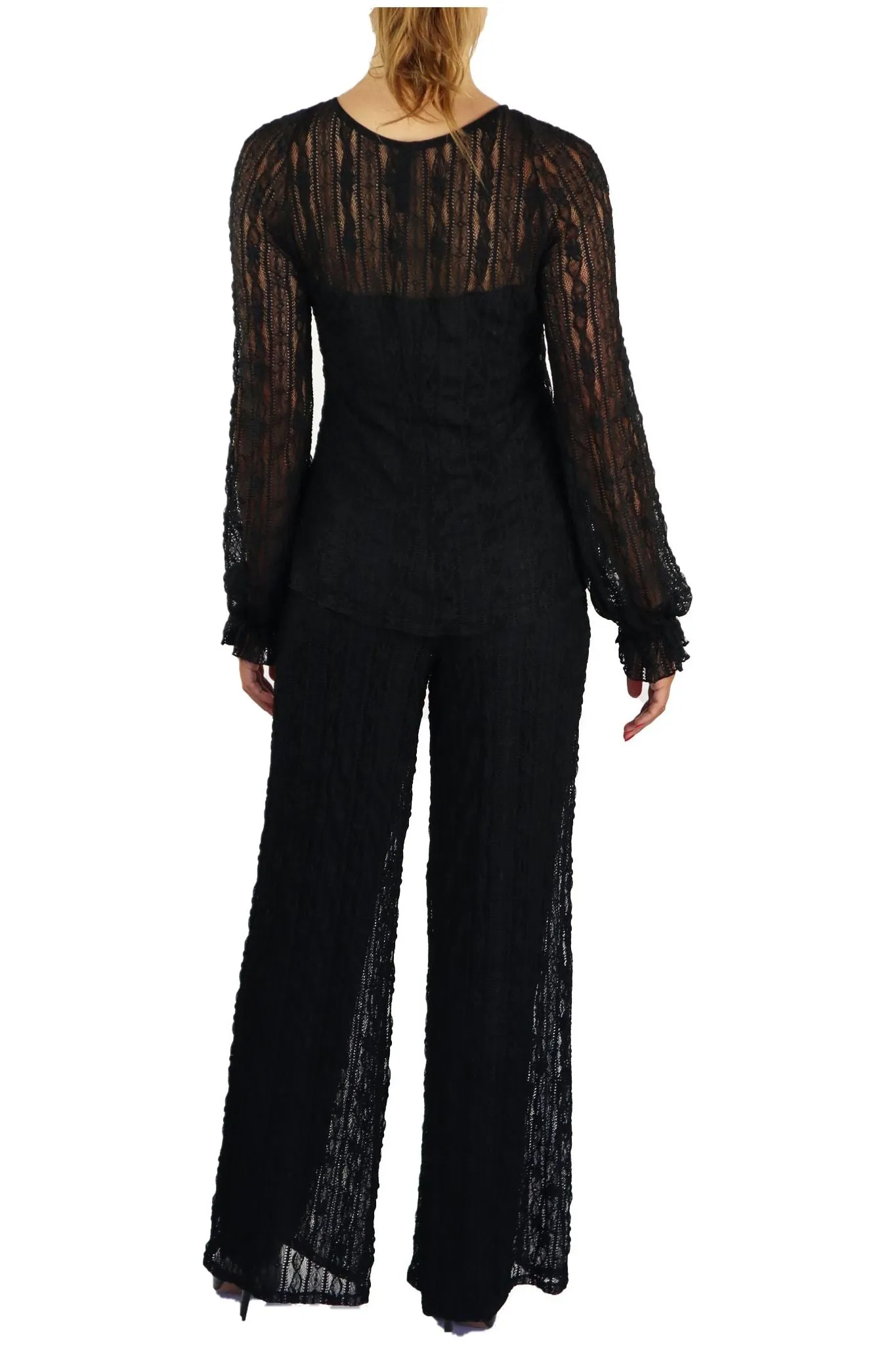 SARAH Long Ruffled Sleeves Crew Neckline Textured Lace Top Black