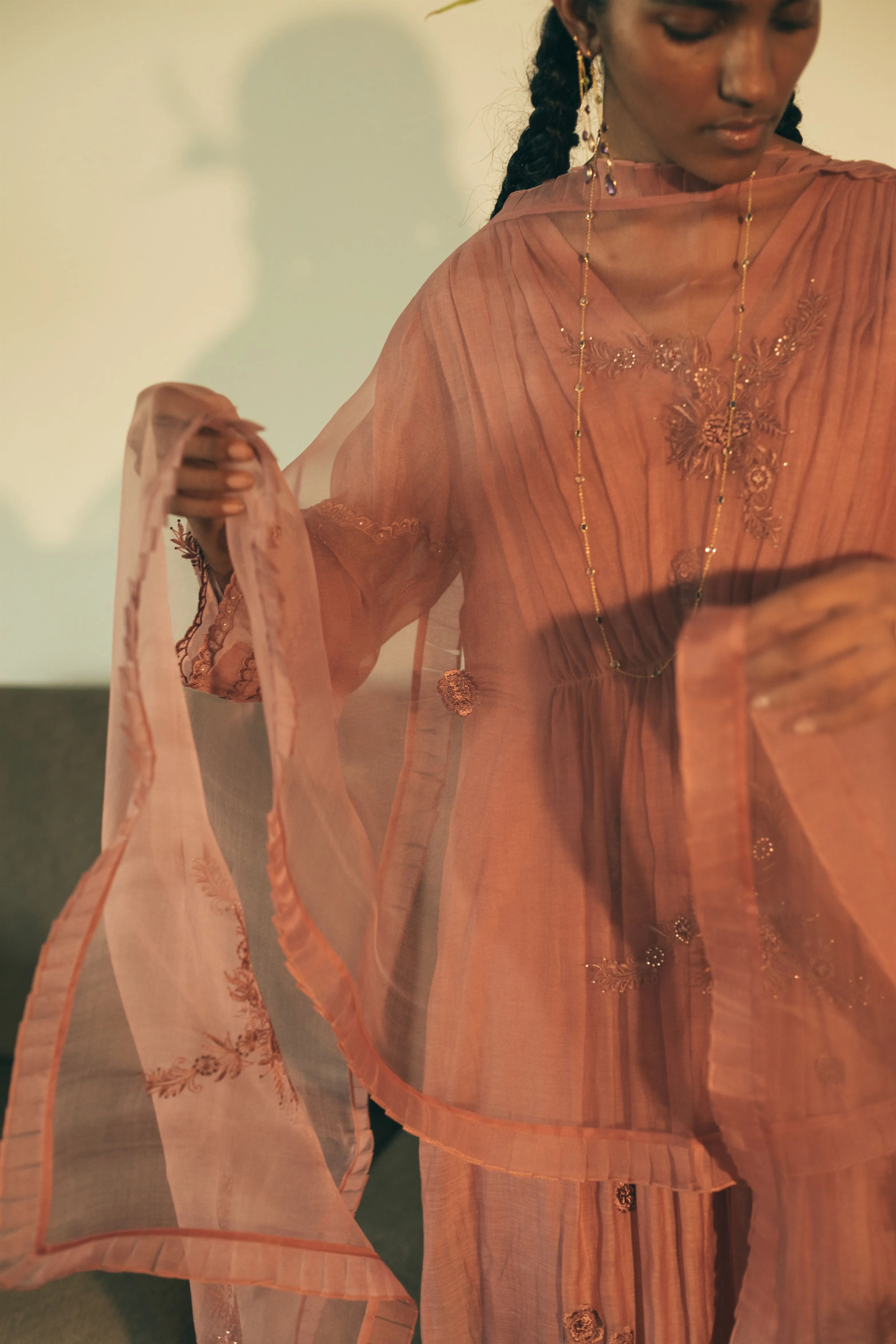Sarang Kaur Downtown Salmon Peacock Stole Organza silk Ektaar SK01275