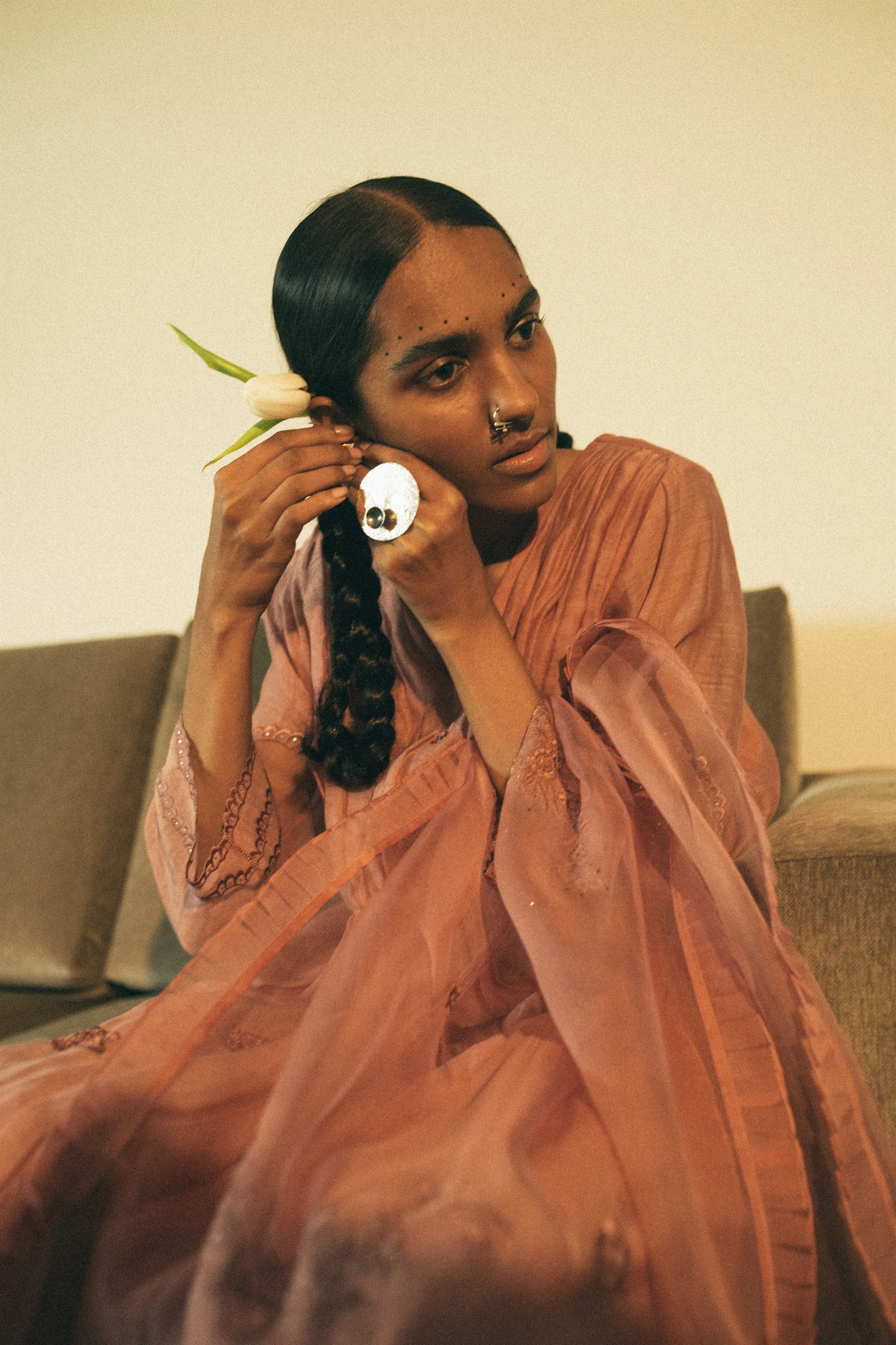 Sarang Kaur Downtown Salmon Peacock Stole Organza silk Ektaar SK01275