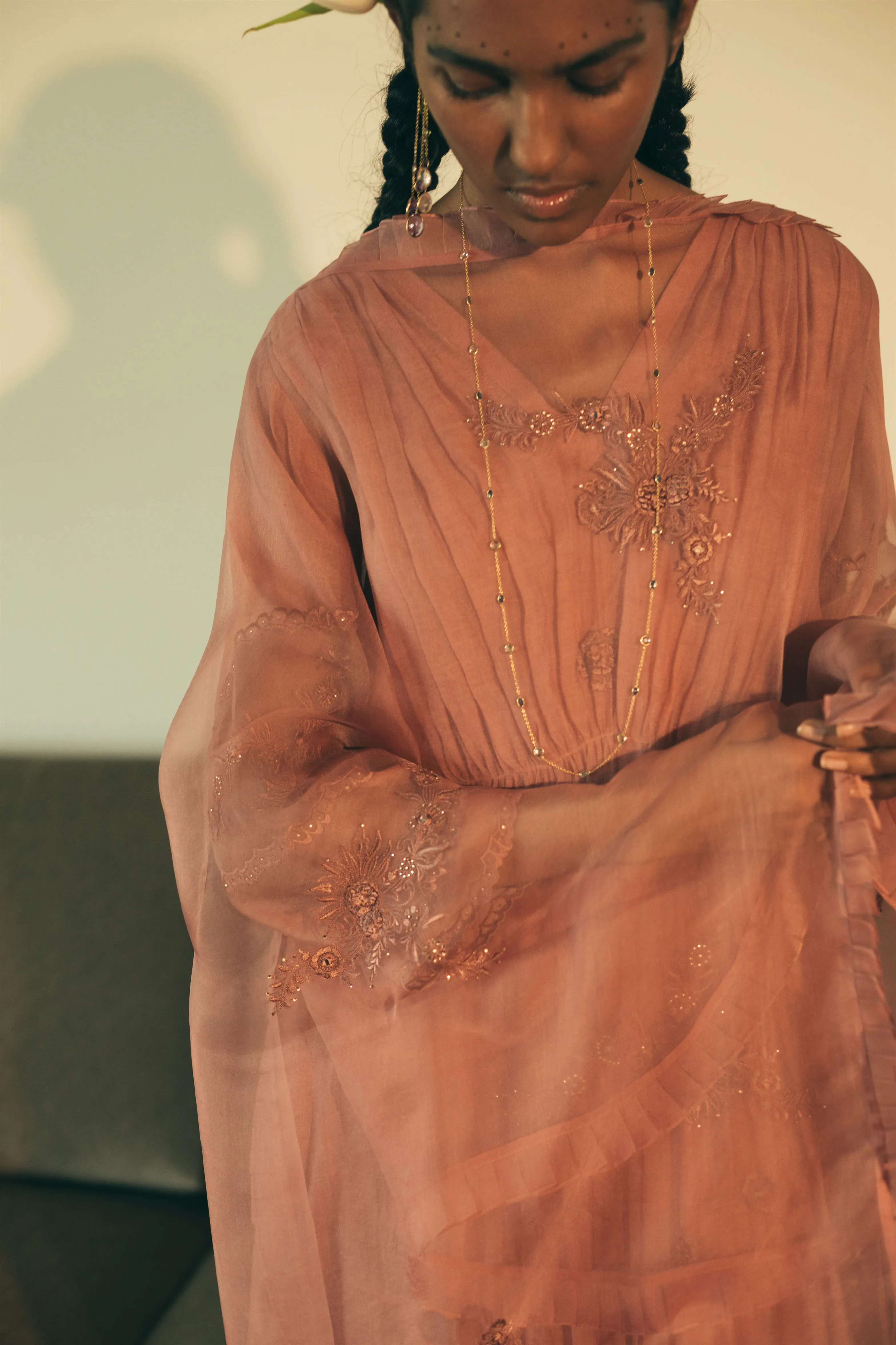 Sarang Kaur Downtown Salmon Peacock Stole Organza silk Ektaar SK01275