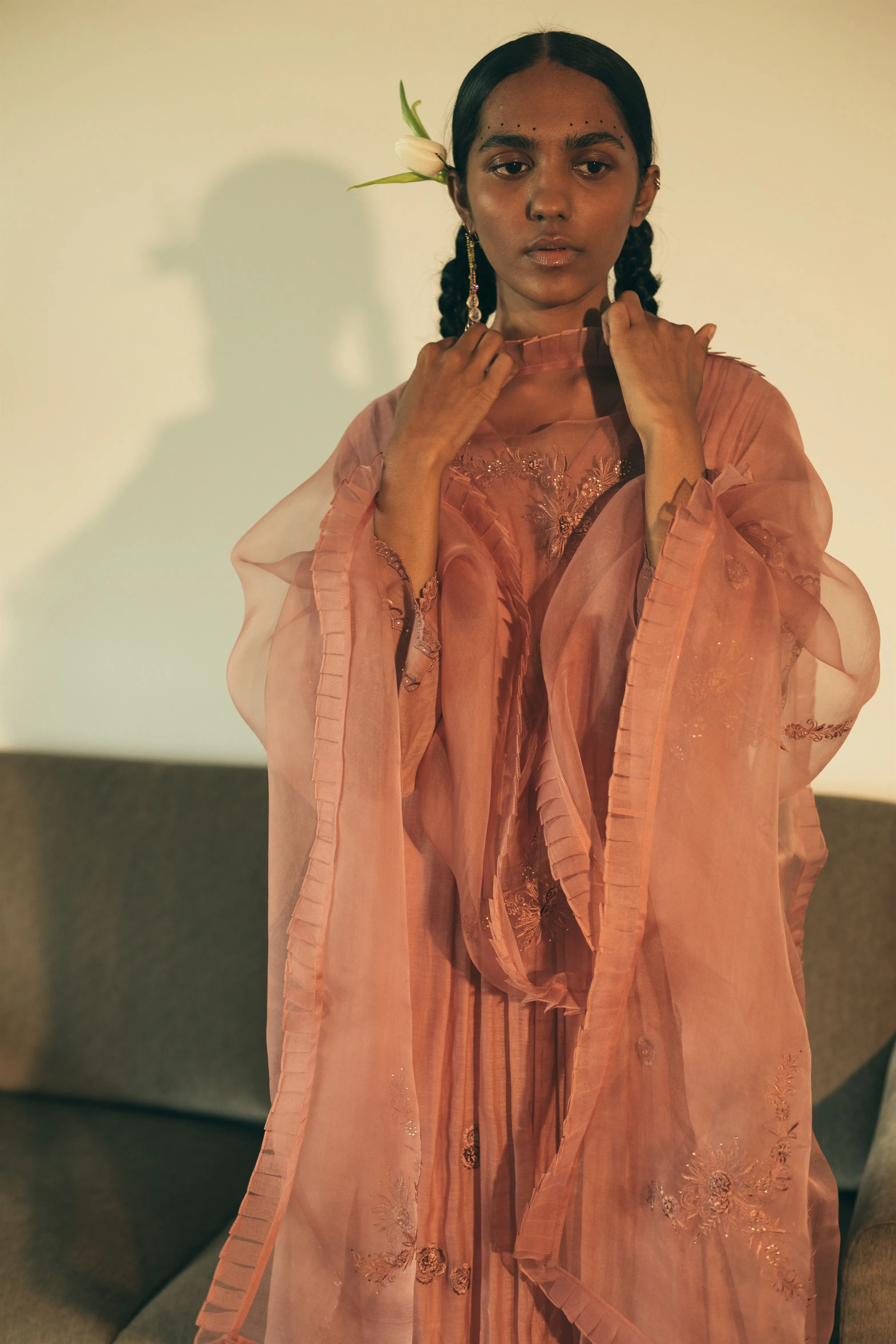 Sarang Kaur Downtown Salmon Peacock Stole Organza silk Ektaar SK01275