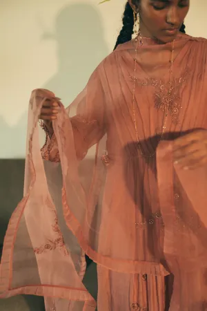 Sarang Kaur Downtown Salmon Peacock Stole Organza silk Ektaar SK01275