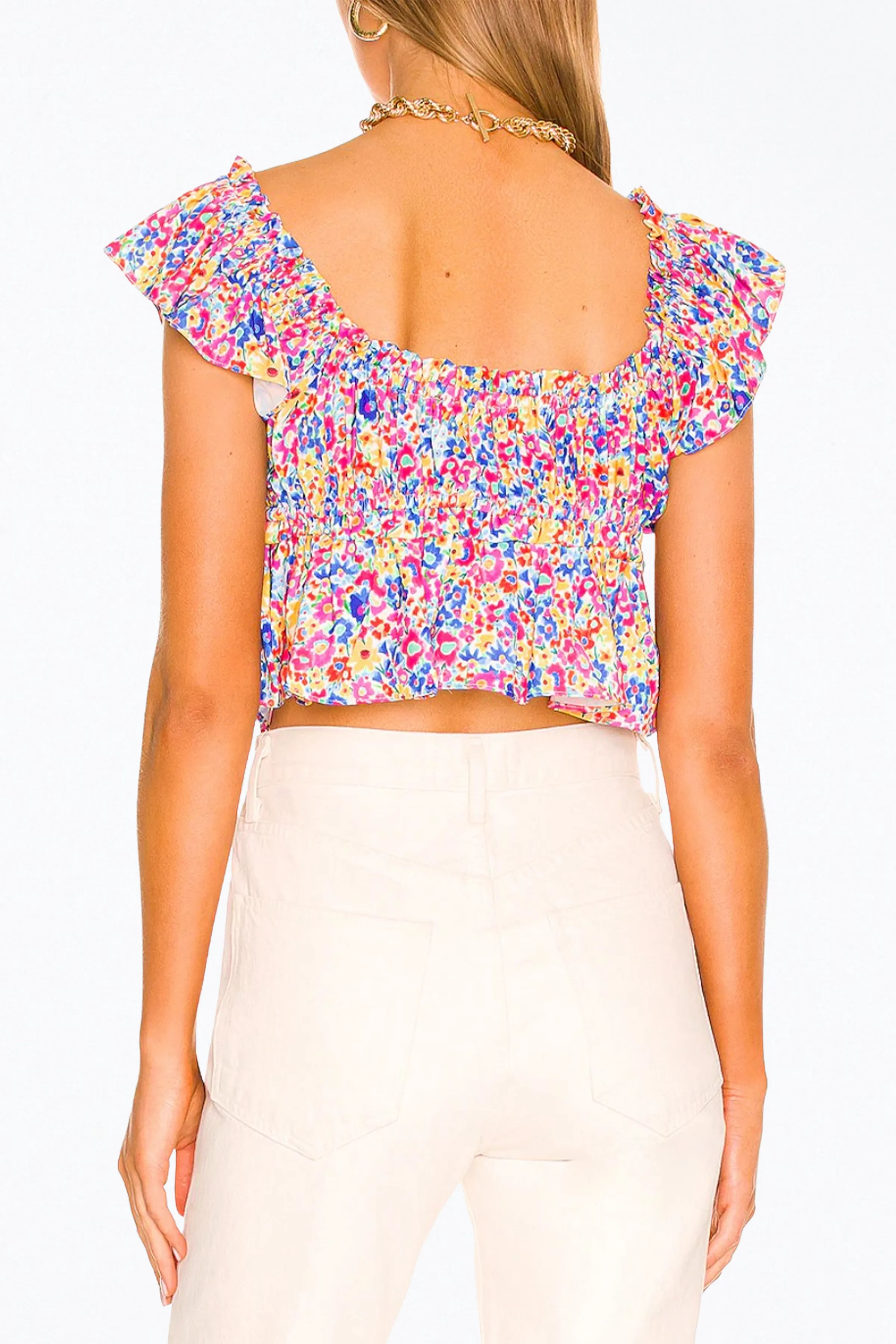 SASHA FLORAL-PRINT CUTOUT CROPPED TOP