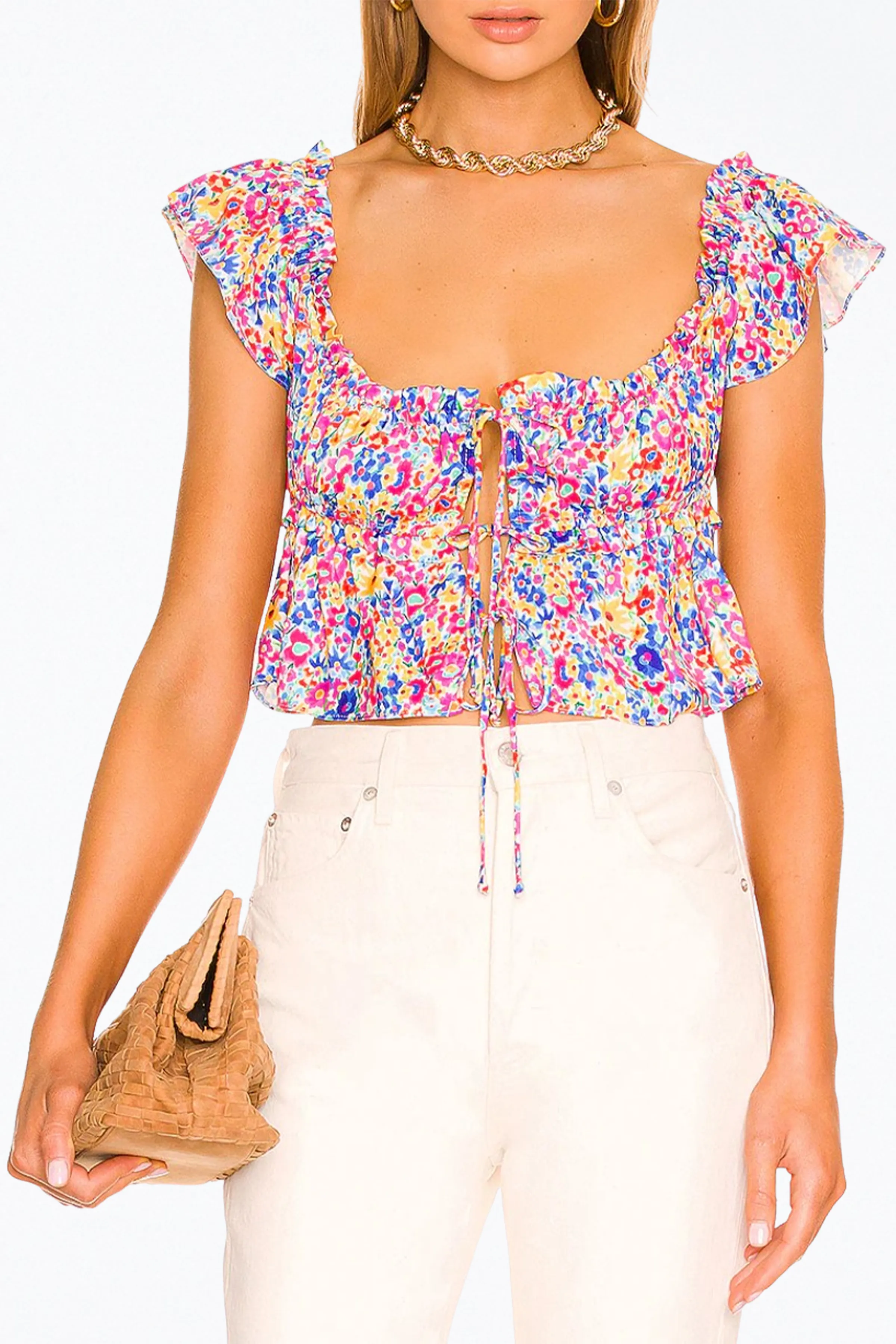 SASHA FLORAL-PRINT CUTOUT CROPPED TOP