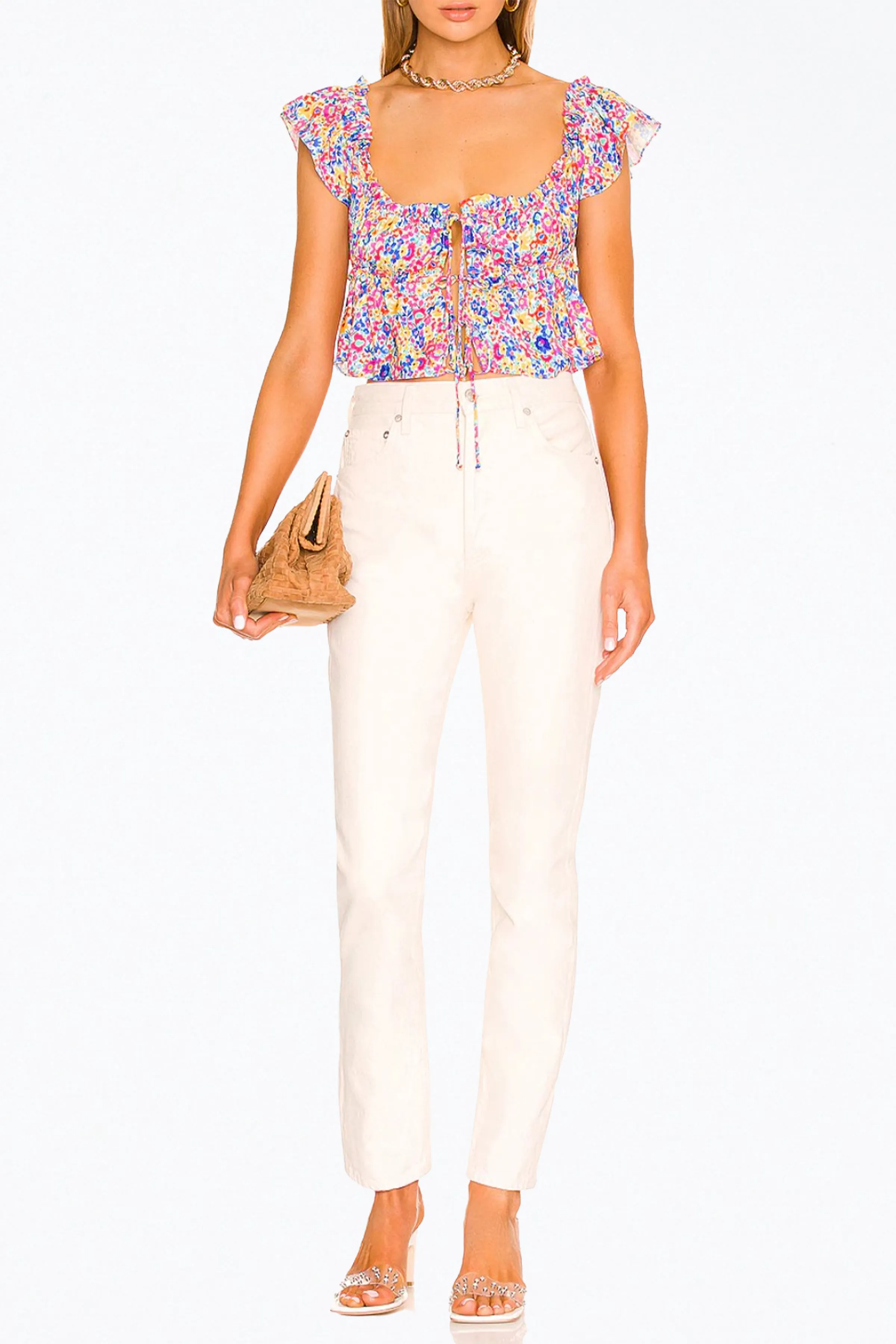 SASHA FLORAL-PRINT CUTOUT CROPPED TOP