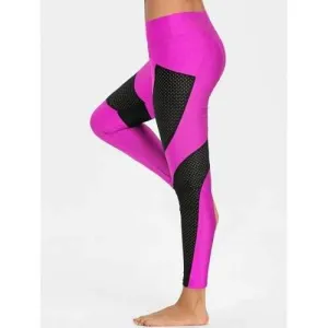 Semi Sheer Workout Leggings with Mesh Panel - Rose Red S