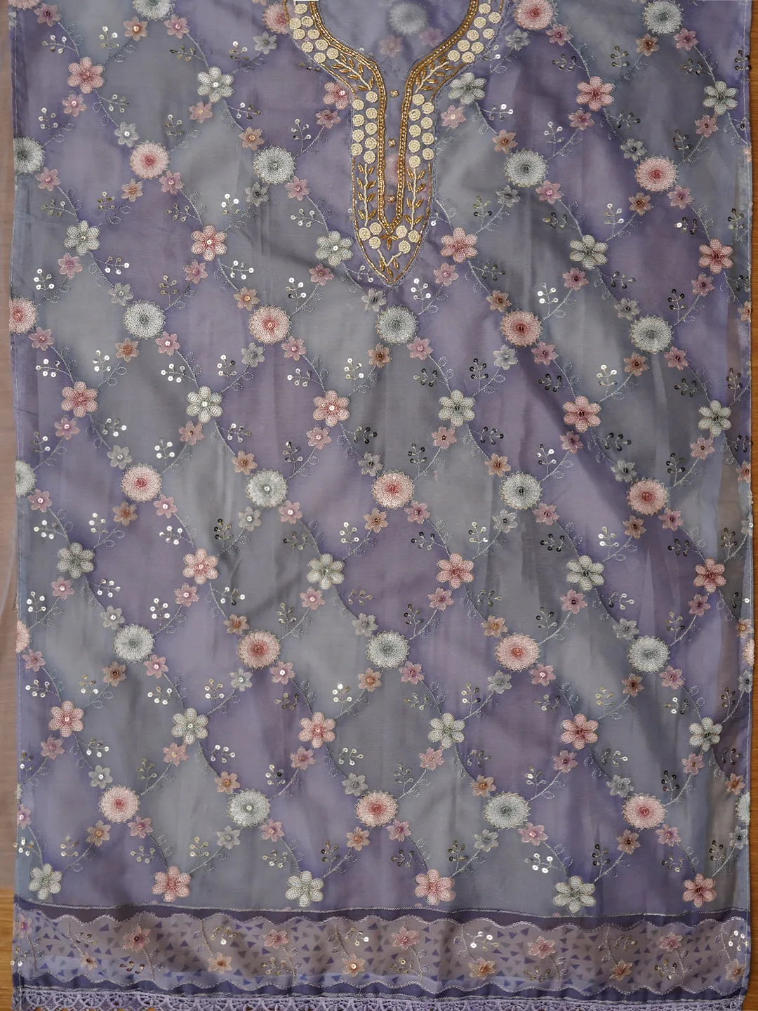 Sequin Embellished Organza Purple Dress Material with Dupatta