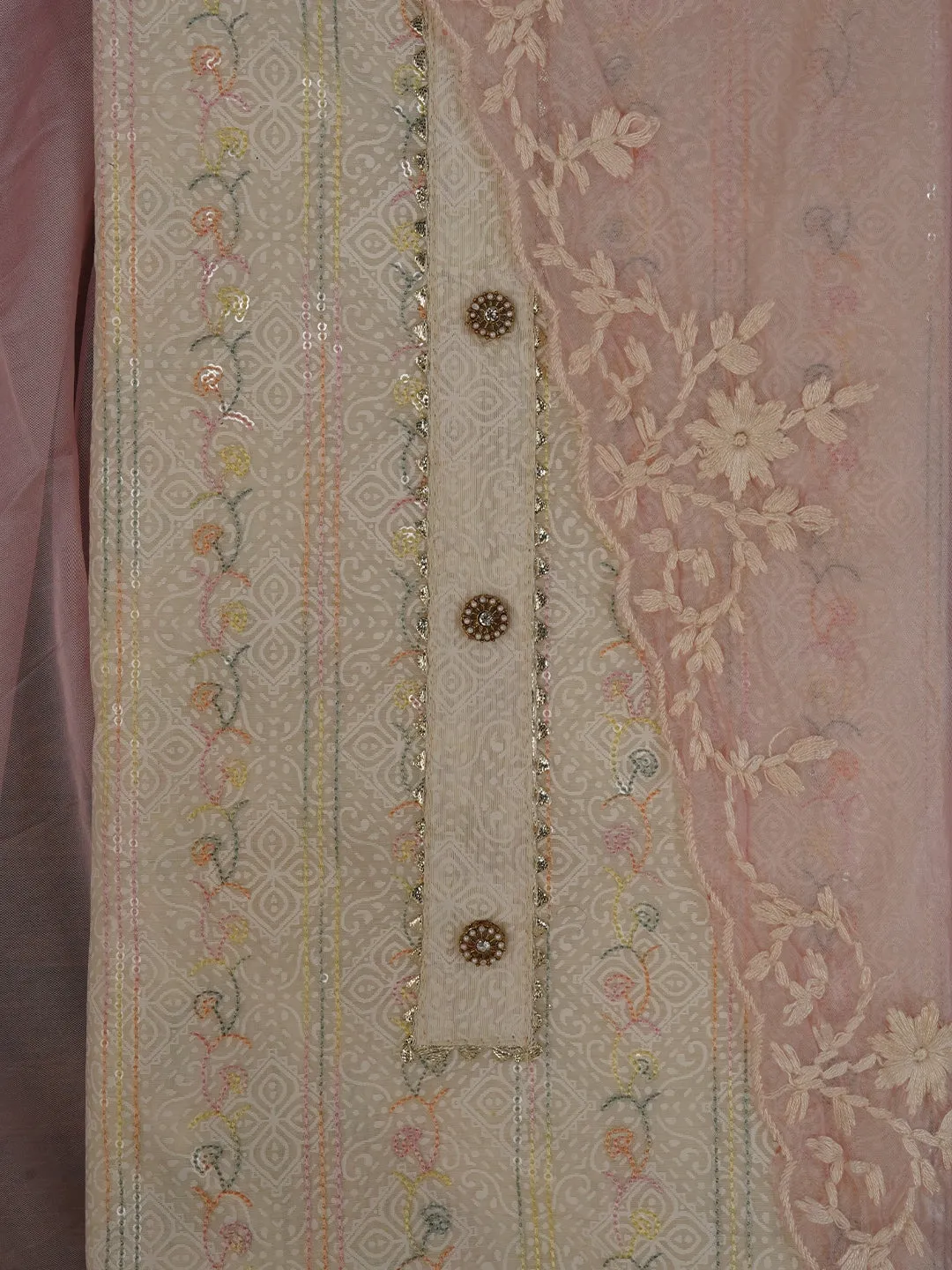 Sequin Embroidered Off White Silk Blend Dress Material with Dupatta
