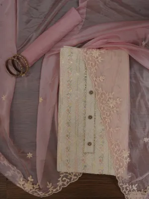 Sequin Embroidered Off White Silk Blend Dress Material with Dupatta