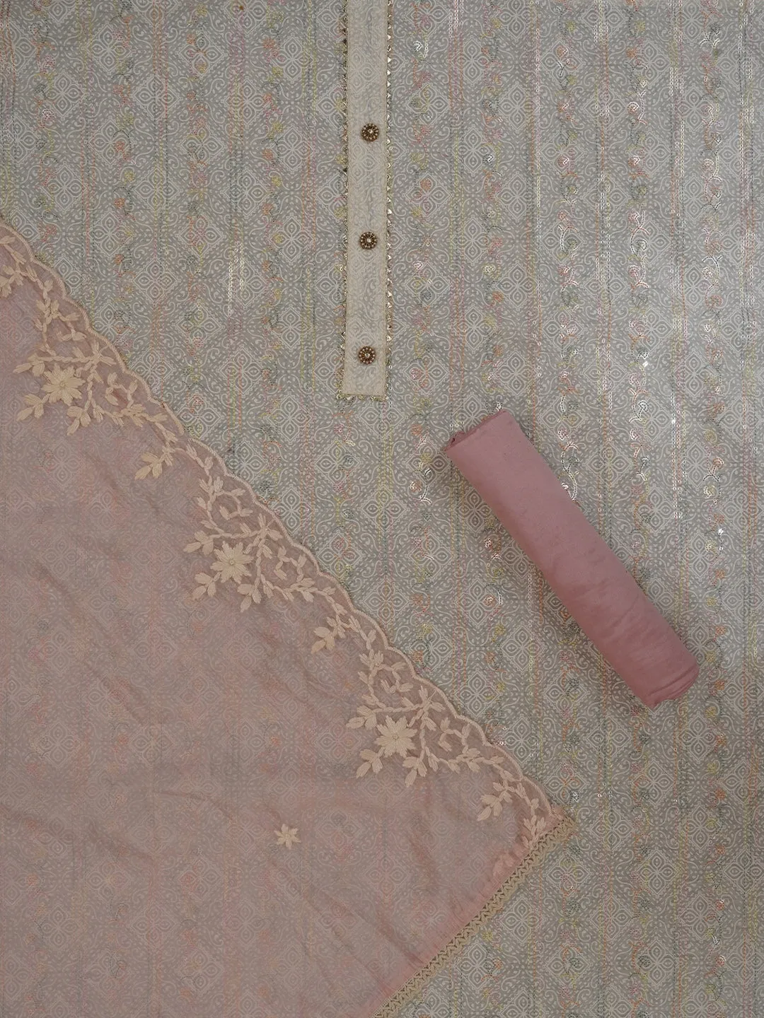 Sequin Embroidered Off White Silk Blend Dress Material with Dupatta